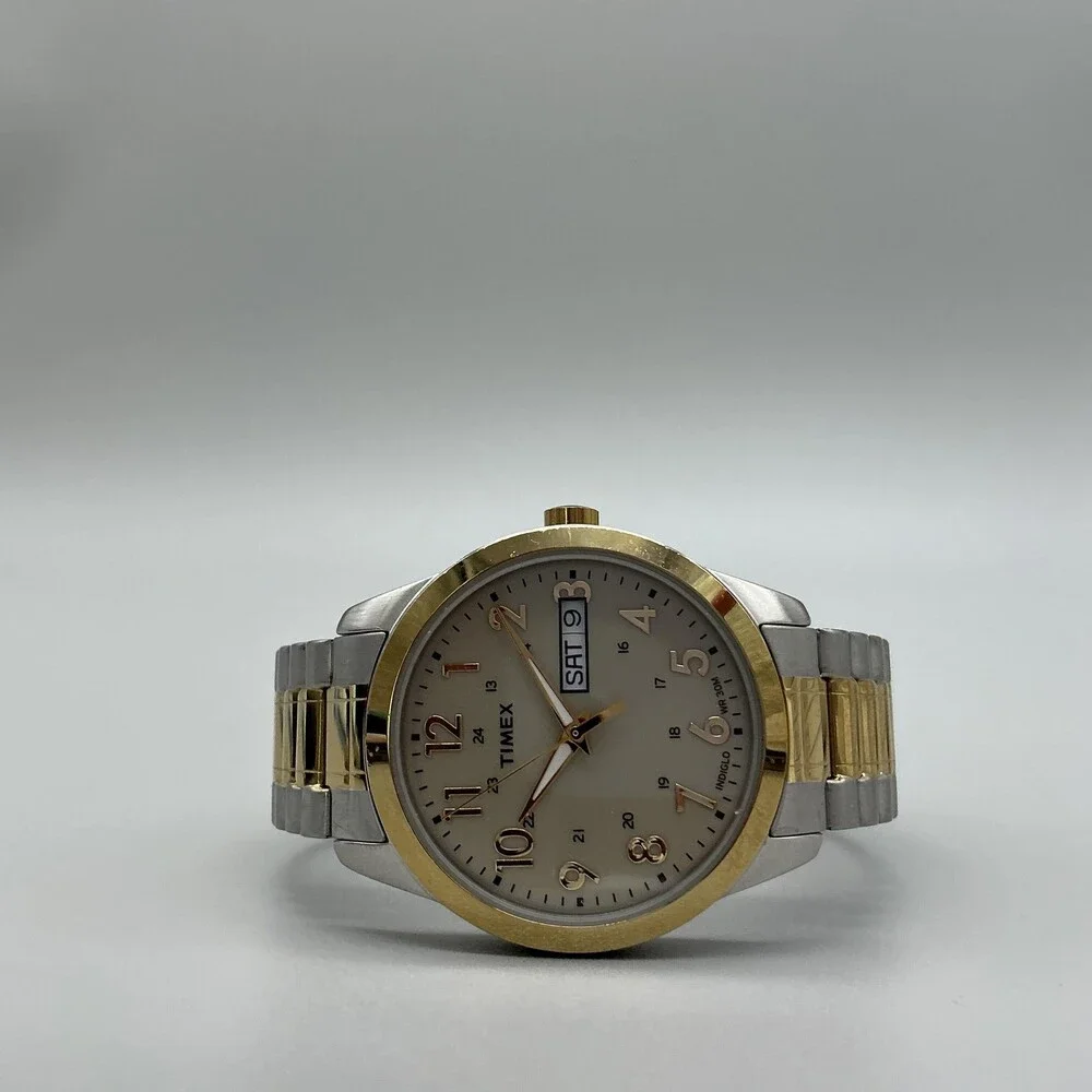 Timex T4M935 Men Watch 36mm Champagne Dial Two Tone Indiglo Day Date New Battery